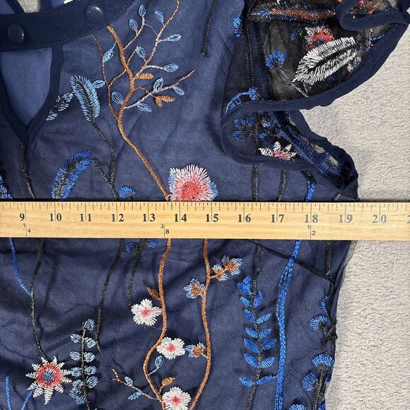 NWT CBR Top Womens Size‎ M Navy Blue Layered Mesh Embroidered Ditsy Forest Fairy - Picture 9 of 14